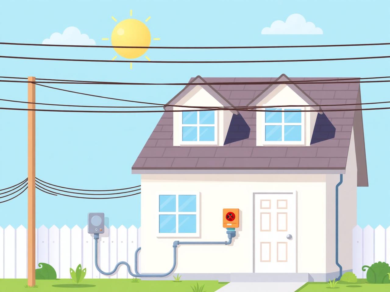 Bright illustration of a home connected to power, gas, and water